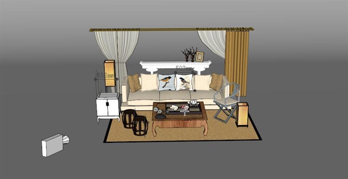 中式风格客厅沙发茶几家具组合su模型