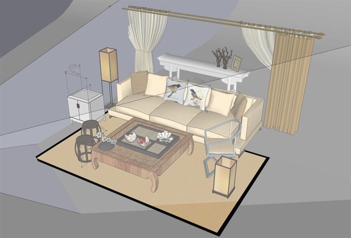 中式风格客厅沙发茶几家具组合su模型