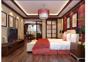 中式详细完整卧室空间设计SU(草图大师)模型