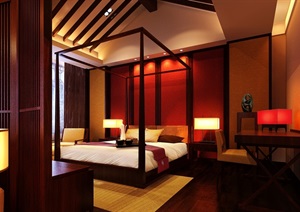 中式详细完整的室内卧室空间设计3d模型