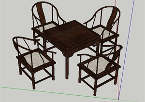 中式四人座木制桌椅组合SU(草图大师)模型