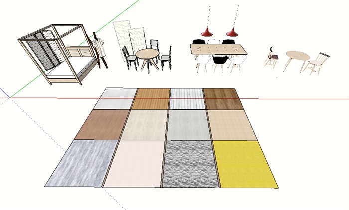 餐桌椅、床、铺装su模型