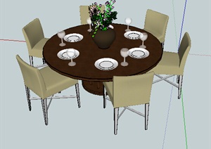 现代6人座圆形餐桌椅组合SU(草图大师)模型