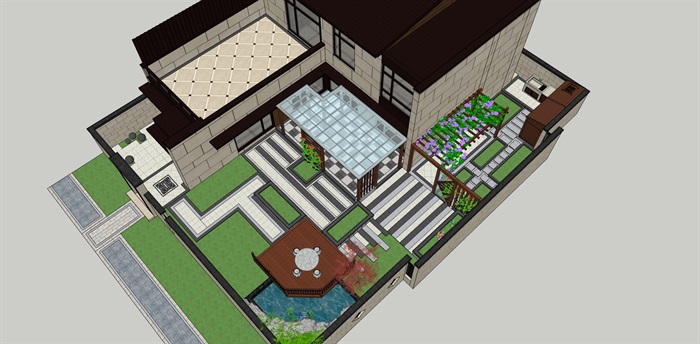新中式别墅花园景观设计su模型
