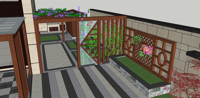 新中式别墅花园景观设计su模型