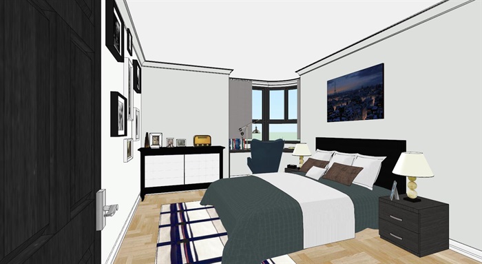 某现代详细完整的室内卧室空间su模型