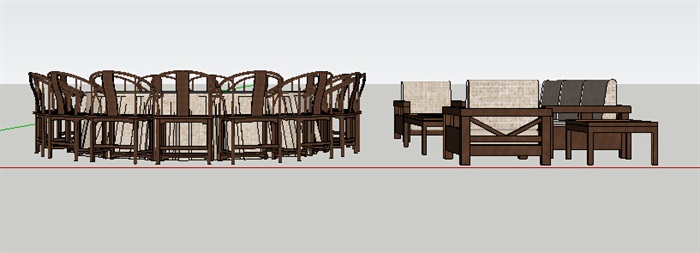 中式风格圆形餐桌椅、沙发茶几su模型