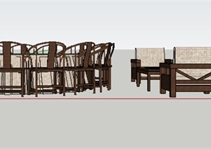中式风格圆形餐桌椅、沙发茶几SU(草图大师)模型