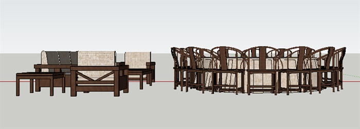 中式风格圆形餐桌椅、沙发茶几su模型