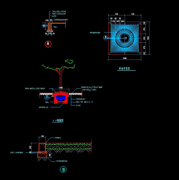 tree pool construction map] 方形树池施工图,包括立面图,剖面图