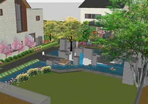 两栋新中式别墅带庭院景观方案SU(草图大师)模型