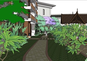 东南亚风格住宅公寓建筑与景观方案SU(草图大师)模型