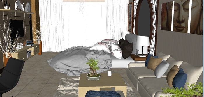 现代中式卧室装潢方案ＳＵ设计模型(3)