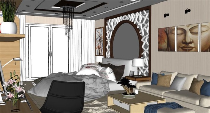 现代中式卧室装潢方案ＳＵ设计模型(6)