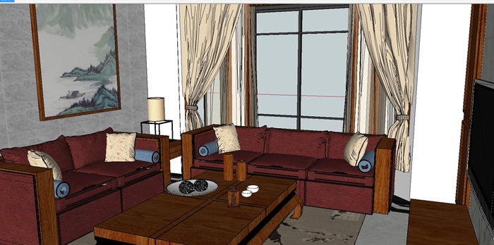 新品中式小别墅客厅装潢方案ＳＵ模型(1)