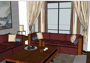 新品中式小别墅客厅装潢方案ＳＵ模型