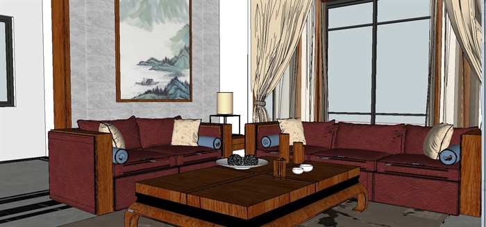 新品中式小别墅客厅装潢方案ＳＵ模型(2)