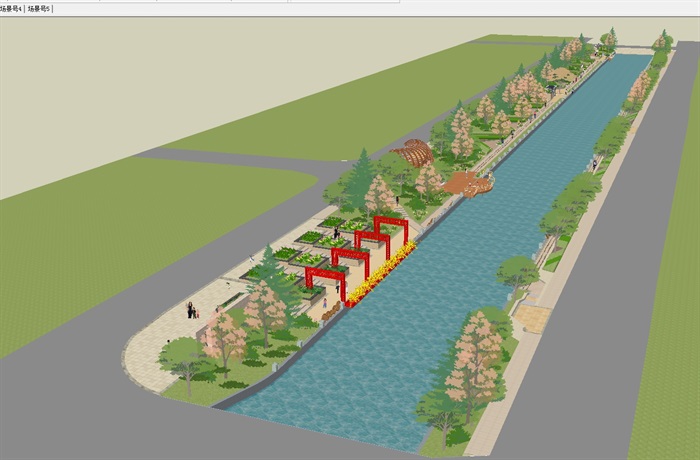 一條河道兩側濱水公園景觀方案su模型[原創]