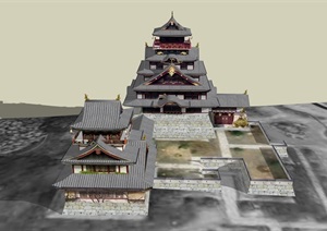 多层日式寺庙建筑楼设计SU(草图大师)模型