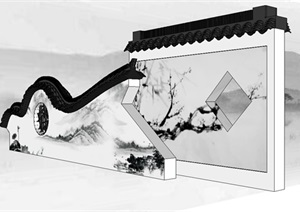 一组新中式山水文化景墙ＳＵ模型