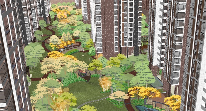 现代风格城市花园住宅小区建筑与景观设计方案SU模型(4)