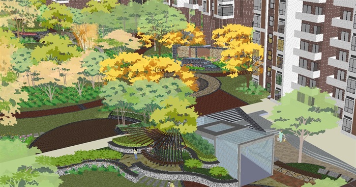 现代风格城市花园住宅小区建筑与景观设计方案SU模型(5)