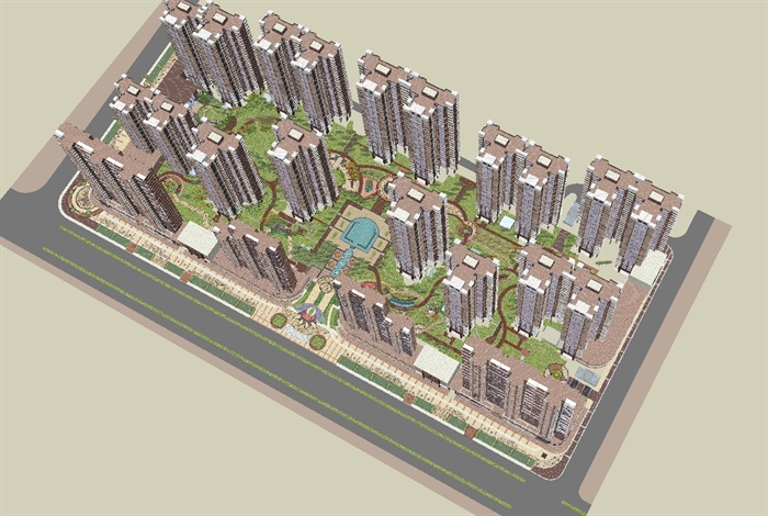 现代风格城市花园住宅小区建筑与景观设计方案SU模型(7)