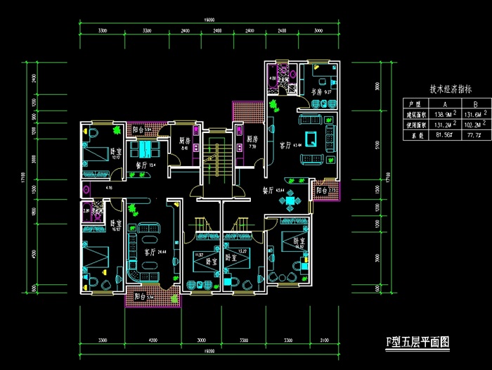 三室二厅住宅cad户型图(1)