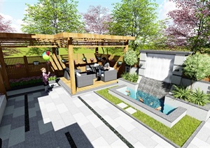 现代中式庭院景观设计SU(草图大师)模型含效果图