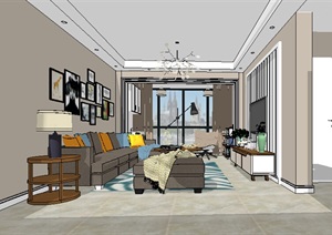 现代详细室内完整客厅空间SU(草图大师)模型