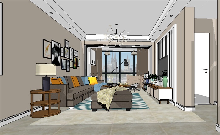现代详细室内完整客厅空间su模型