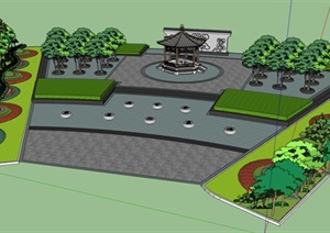 中式公园一角详细景观SU(草图大师)模型