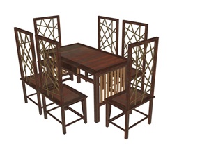 中式风格高背椅及餐桌组合SU(草图大师)模型