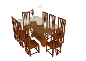 精细中式风格8人座餐桌椅组合SU(草图大师)模型