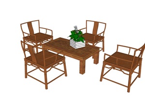 中式详细完整的四人餐桌椅SU(草图大师)模型