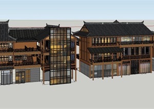 东方古典3层商业街详细建筑SU(草图大师)模型
