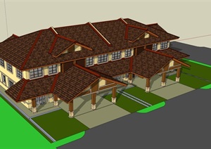 东南亚风格双拼别墅建筑设计SU(草图大师)模型