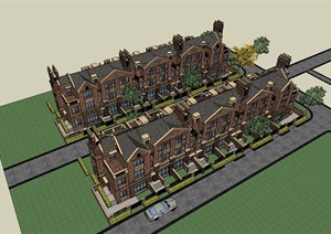 联排别墅3层学校建筑设计SU(草图大师)模型