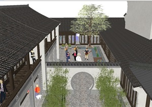 一个新中式滨河商业街建筑与景观方案ＳＵ模型