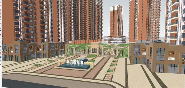 现代国际城商住小区建筑与景观方案ＳＵ设计模型（附两个景观小品）