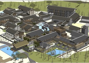 新中式特色山地度假宾馆酒店ＳＵ设计模型