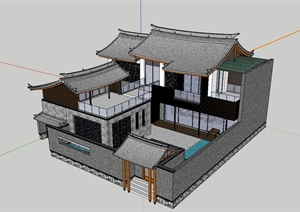 中式住宅别墅2层建筑设计SU(草图大师)模型