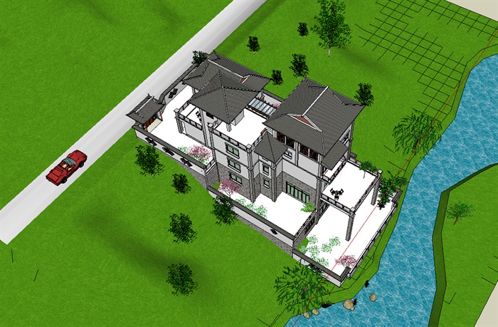 中式别墅建筑五层su模型