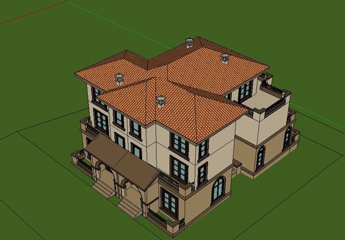 欧式双拼别墅3层建筑su模型
