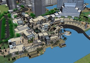 欧式商业街综合体沿海城市SU(草图大师)规划模型