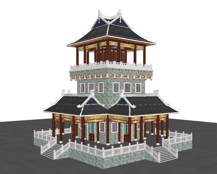 一个古典中式宝殿塔楼ＳＵ模型(7)