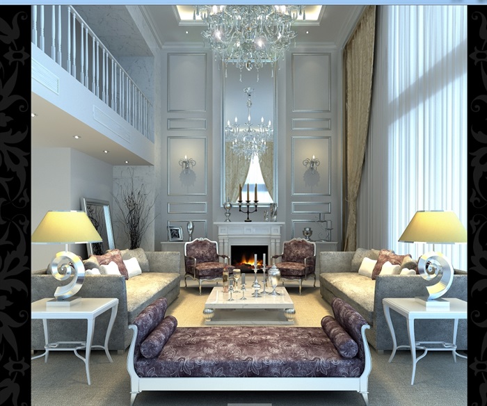 美式别墅客厅空间3d模型及效果图(1)