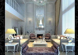 美式别墅客厅空间3d模型及效果图
