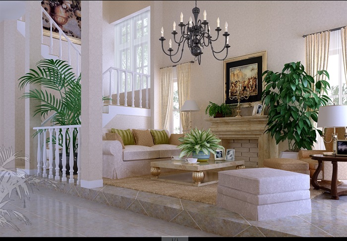 现代详细室内客厅设计3d模型及效果图(1)