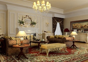 美式详细的客厅空间装饰设计3d模型